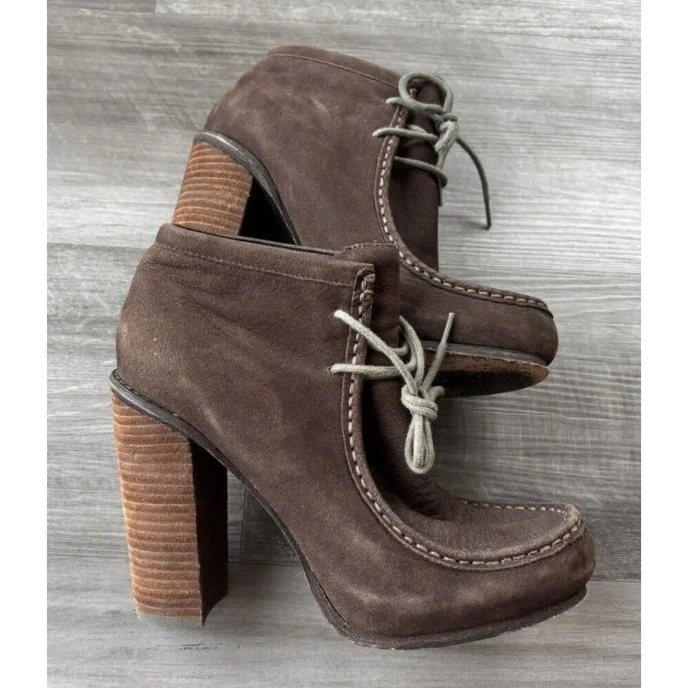 Dolce Vita Brown Suede Stacked Heel Booties Size 7 Heeled Boots Boho Moc Toe